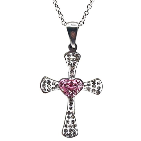 Stainless Steel Rhinestone Cross Pendant Chain Necklace Silver Pink Bling Girlie - Picture 1 of 3